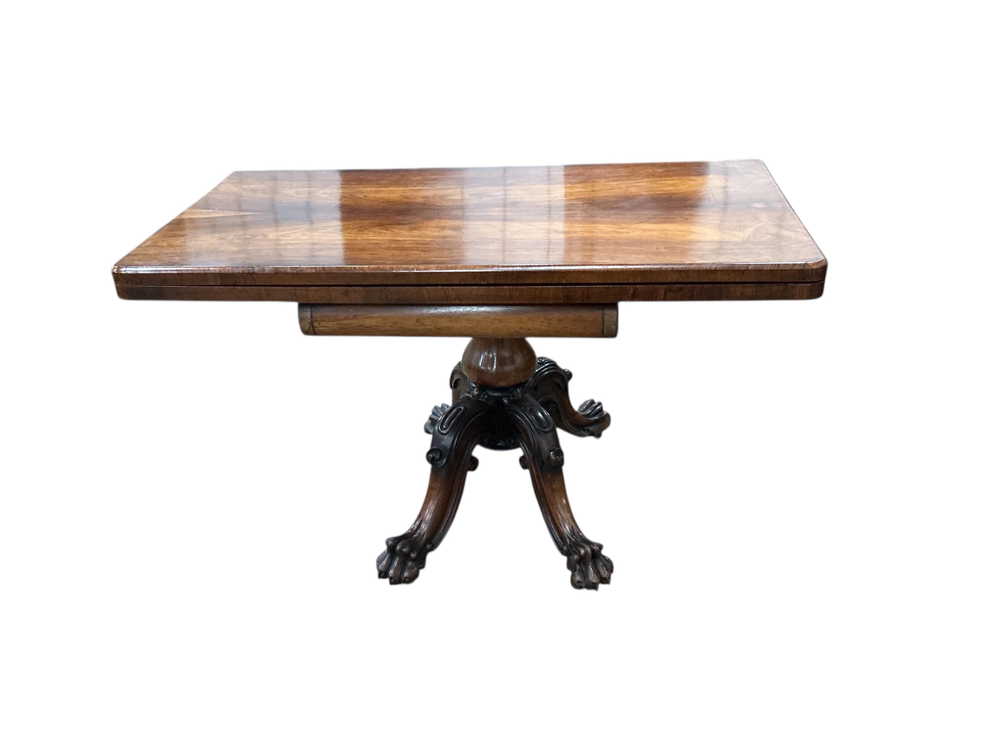 An early Victorian rectangular folding rosewood card table, width 91cm, depth 45cm, height 73cm